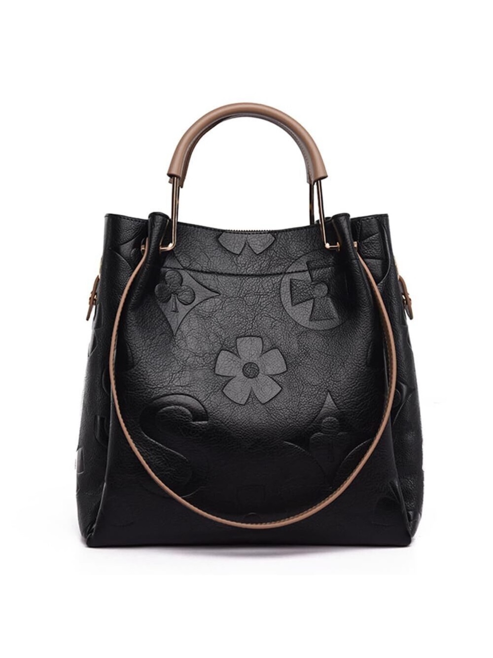 Designer-Style Vinyl Faux Leather Black Blue Tote Bag with Black Accents